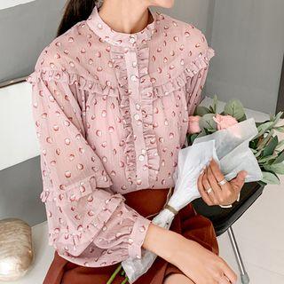 Long-sleeve Patterned Frill Trim Chiffon Blouse