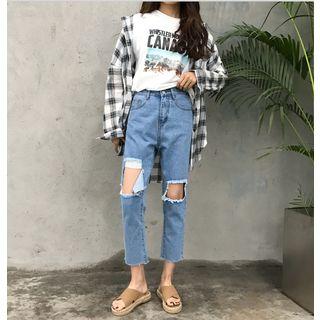 Ripped Fray Straight-cut Jeans