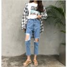 Ripped Fray Straight-cut Jeans