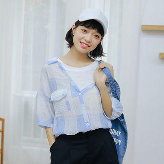 Mock Two-piece Elbow-sleeve Plaid Top