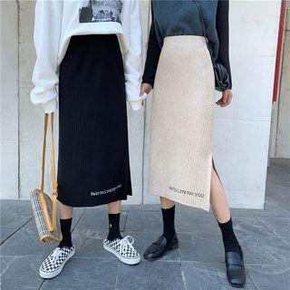 Lettering Side Slit Midi Skirt