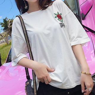 Elbow-sleeve Rose Print T-shirt