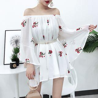 Embroidered Off-shoulder Bell-sleeve Chiffon Dress