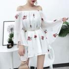 Embroidered Off-shoulder Bell-sleeve Chiffon Dress