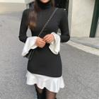 Turtle-neck Frill-trim Dress Black - One Size