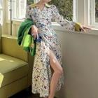 Long-sleeve Collar Floral Midi A-line Dress