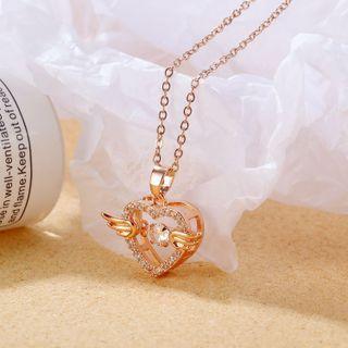 Flying Heart Rhinestone Pendant Stainless Steel Necklace 031 - Gold - One Size