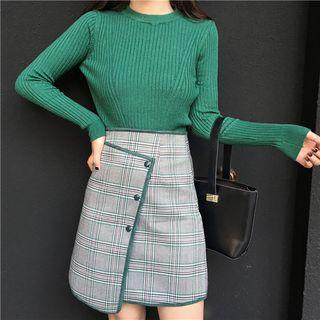 Ribbed Knit Long-sleeve Top / Plaid A-line Skirt