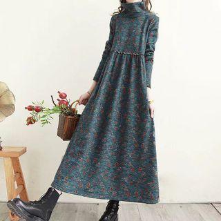 Turtleneck Floral Midi A-line Dress