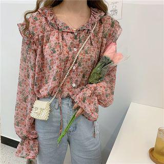 Floral Ruffle Trim Blouse As Shown In Figure - One Size