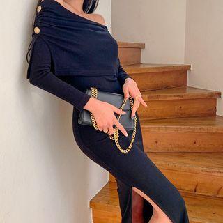 Long-sleeve Off-shoulder Slit Midi Sheath Dress