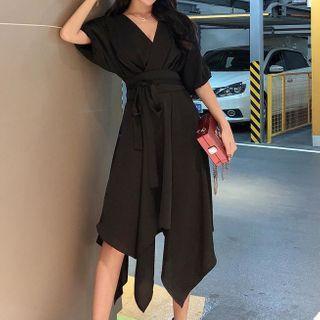 Asymmetric Balloon-sleeve Midi A-line Dress
