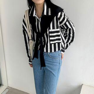 Striped Shirt With Shawl With Shawl - Stripes - Black & White - One Size