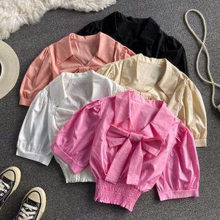 V-neck Plain Skinny Puff Short Sleeve Crop Top