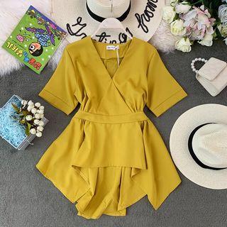 V-neck Asymmetric Hem Chiffon Tunic
