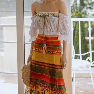 Set: Elbow-sleeve Off-shoulder Top + Printed Maxi Slit Skirt