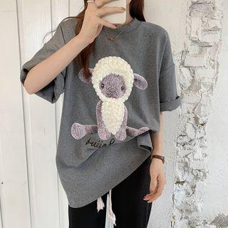 Elbow-sleeve Sheep Print Oversize T-shirt