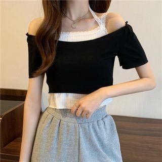 Set: Short-sleeve Off-shoulder Crop Top + Lace Trim Camisole Top