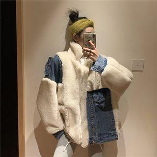 Color Block Denim Panel Shearling Coat