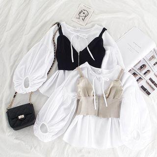 Lantern-sleeve Tie-neck Plain Blouse / Zipped Vest