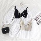 Lantern-sleeve Tie-neck Plain Blouse / Zipped Vest
