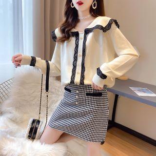 Set: Lace-trim Knit Top + Houndstooth Skirt