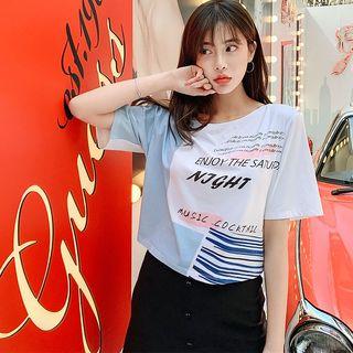 Short-sleeve Color Block Letter Printed T-shirt