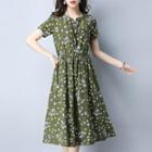 Short-sleeve Floral Pleated A-line Midi Dress