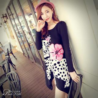 Long-sleeve Printed Asymmetric-hem Dress
