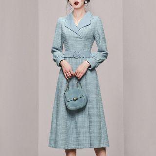 Long-sleeve Open-collar Belted Midi A-line Dress