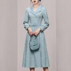 Long-sleeve Open-collar Belted Midi A-line Dress