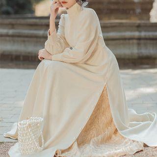Mock-neck Long-sleeve Midi A-line Lace Dress