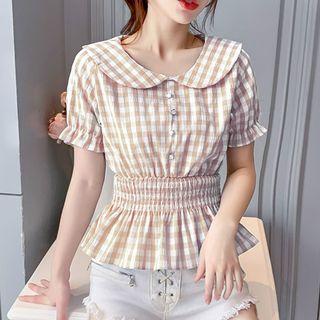 Short-sleeve Gingham Peplum Blouse