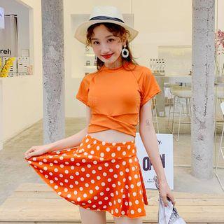 Set: Short-sleeve Tankini Top + Dotted Swim Skirt