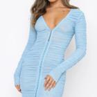 Long-sleeve Plunge-neck Mesh Mini Bodycon Dress