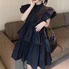 Short-sleeve Tiered Mini A-line Dress Black - One Size