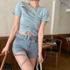 Strappy Washed Denim Hot Pants