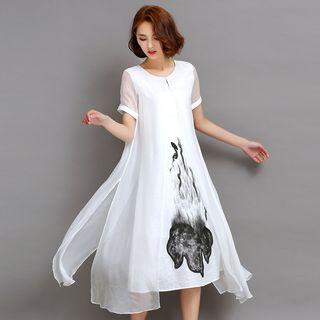 Print Short-sleeve A-line Midi Dress