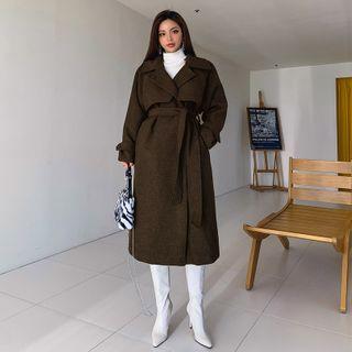 Flap Hidden-button Long Coat With Sash