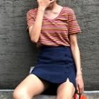 Striped V-neck T-shirt As Shown In Figure - One Size