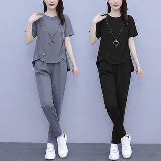 Set: Short-sleeve Asymmetrical Blouse + Cropped Harem Pants