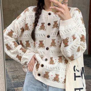 Round Neck Bear Print Cardigan Brown Bear - White - One Size