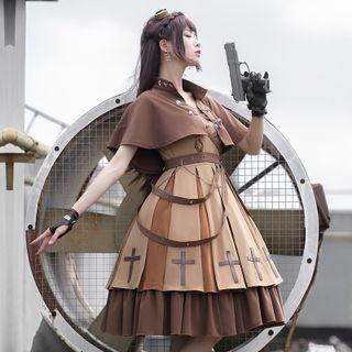 Set: A-line Dress + Cape + Belt + Brooch
