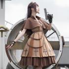 Set: A-line Dress + Cape + Belt + Brooch