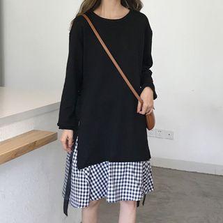 Mock Two-piece Long-sleeve Gingham Panel A-line Dress Black - One Size