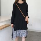 Mock Two-piece Long-sleeve Gingham Panel A-line Dress Black - One Size