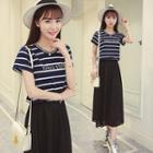 Set : Stripe Short-sleeve T-shirt + Chiffon Skirt