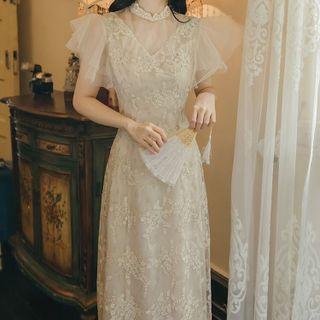 Short-sleeve Mesh Trim Lace Midi Sheath Qipao Dress