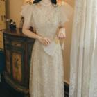 Short-sleeve Mesh Trim Lace Midi Sheath Qipao Dress