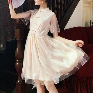 Short-sleeve Crew-neck Button-back High-waist A-line Skirt